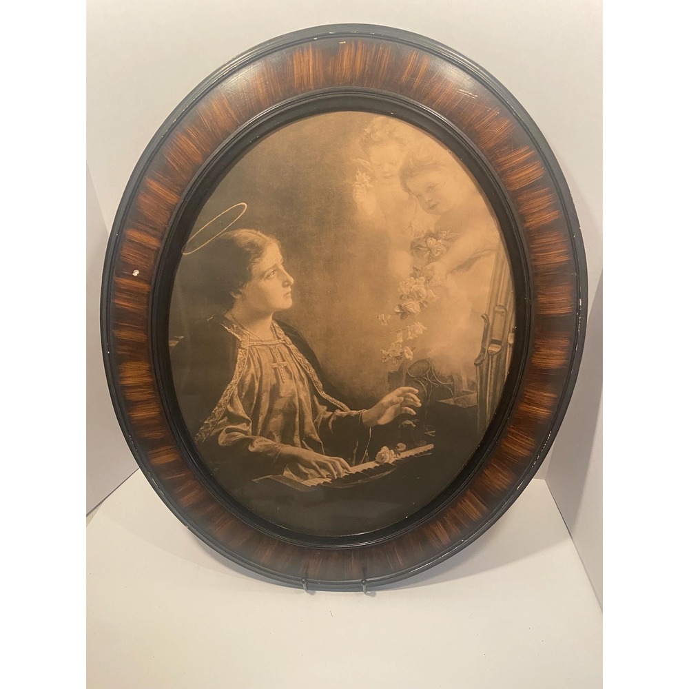 Antique Gustav Naujok Saint Cecilia Oval Framed Religious Lithograph c. 1900